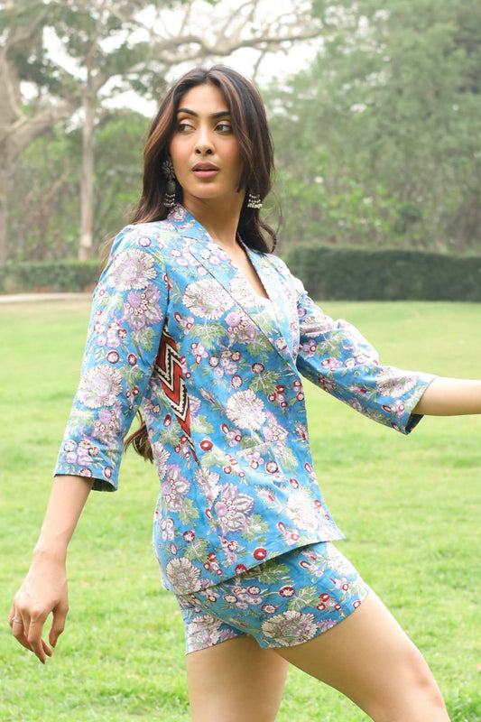 Blue Floral Blazer and Shorts Set (with Red Chevron Accents)