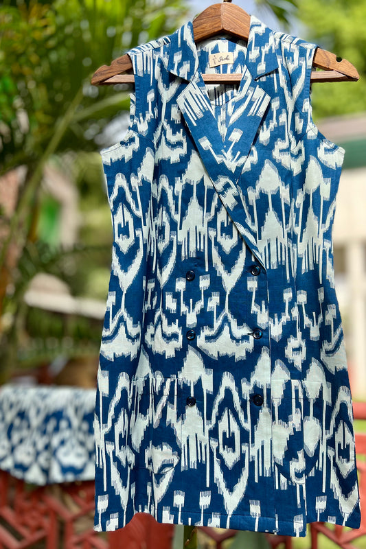 Deep Blue Ikat Double Breasted Long Blazer Set