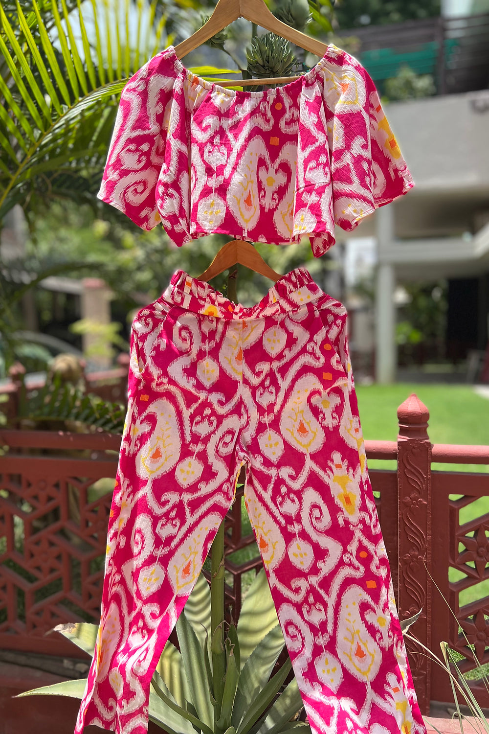 BubbleGum Pink Ikat Bardot Top with Frill Band Pants