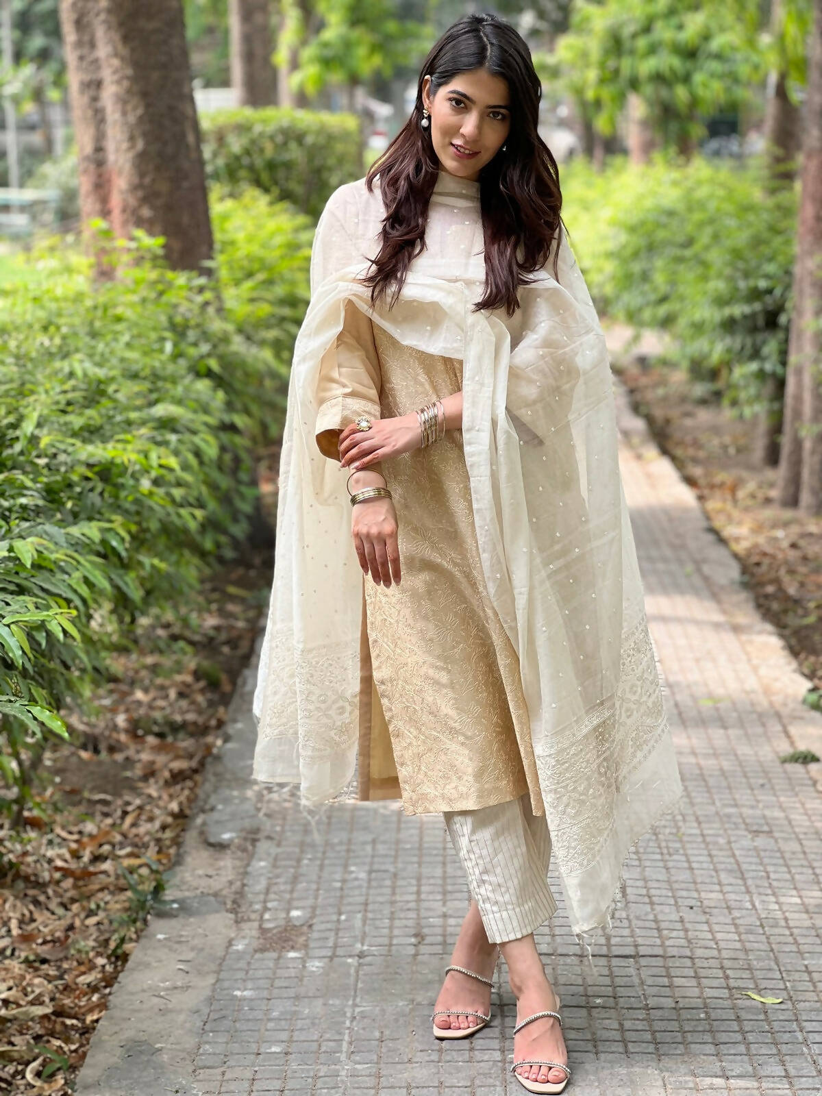 Beige Embroidered Chanderi Kurta Set