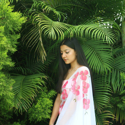 Dogwood Flowers White Chiffon Saree