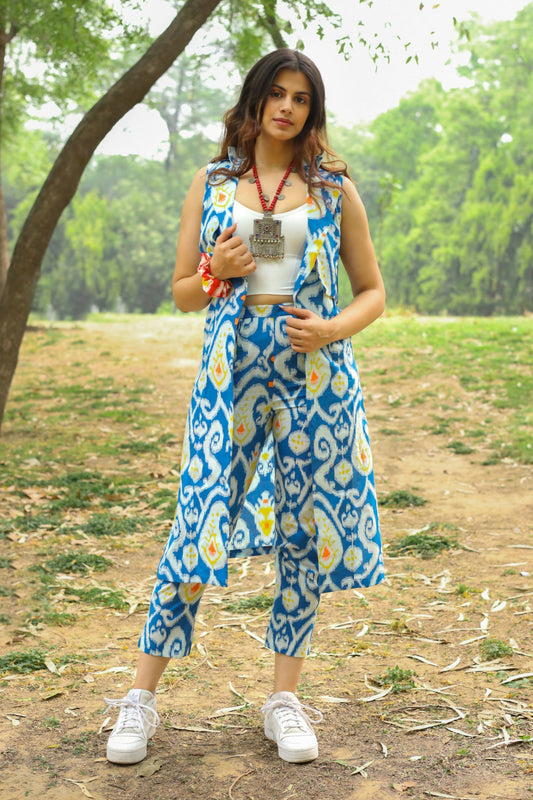 Blue Ikkat Long Trench Jacket and Pants Set