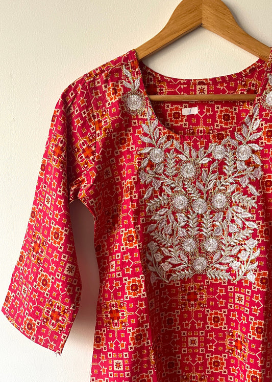 Long Kurta with Embroidered Yoke - Rani Pink