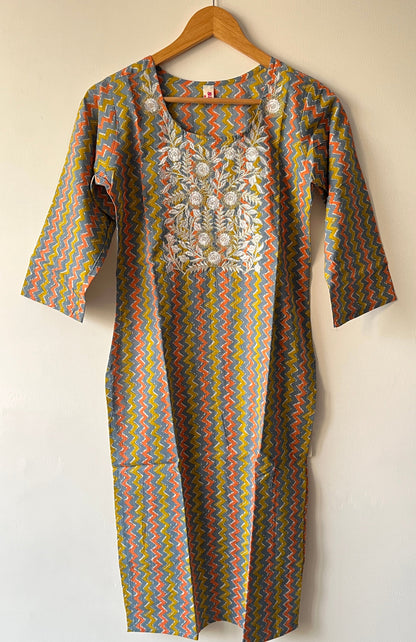 Multicolor Long Kurta with Embroidered Yoke
