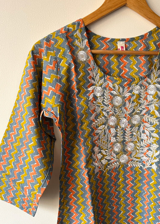 Multicolor Long Kurta with Embroidered Yoke