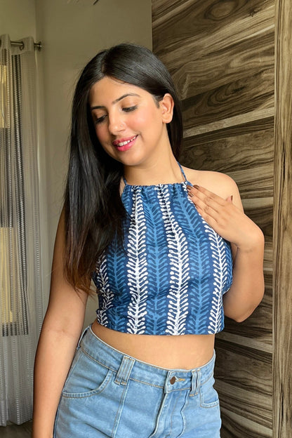 Cotton Halter Neck Top - Indigo Garden