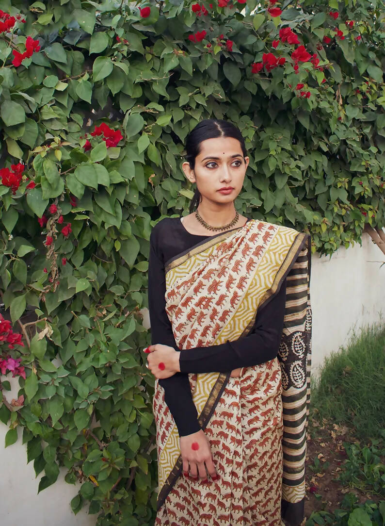 Tigress Block Print Chanderi Silk Saree
