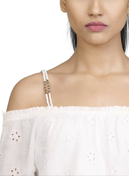 White & Silver Layers Beaded Bra Strap
