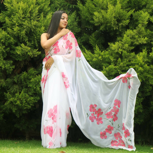 Dogwood Flowers White Chiffon Saree