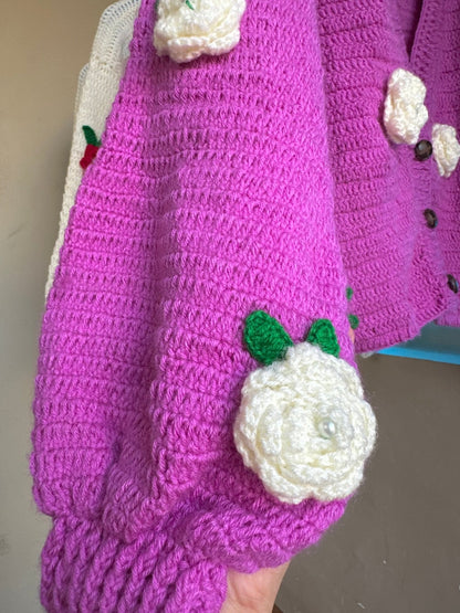 Voilet White Rose Crochet Sweater