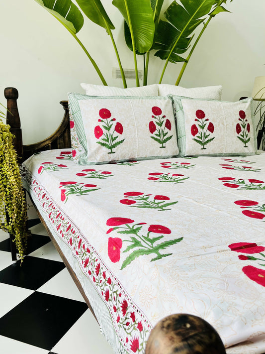 Red Poppy Block Printed Cotton Bedsheet