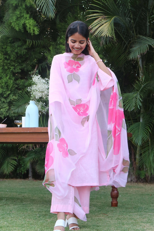 Hibiscus Suit Set with Hand-painted Dupatta